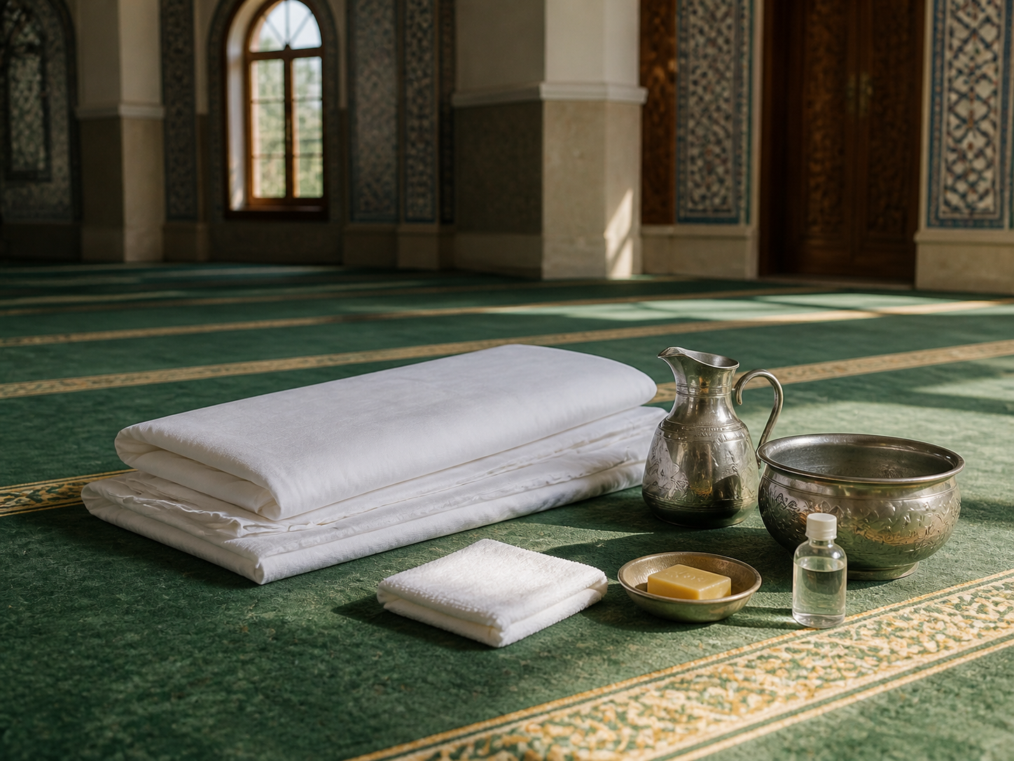 Linceul et nécessaire de toilette rituelle dans une mosquée